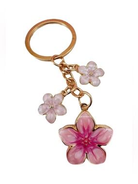 Pink Floral Keychain Charm in Gold-tone